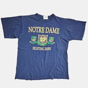Vintage Notre Dame University Fighting Irish Crew Neck T-Shirt L Navy Cotton Y2K